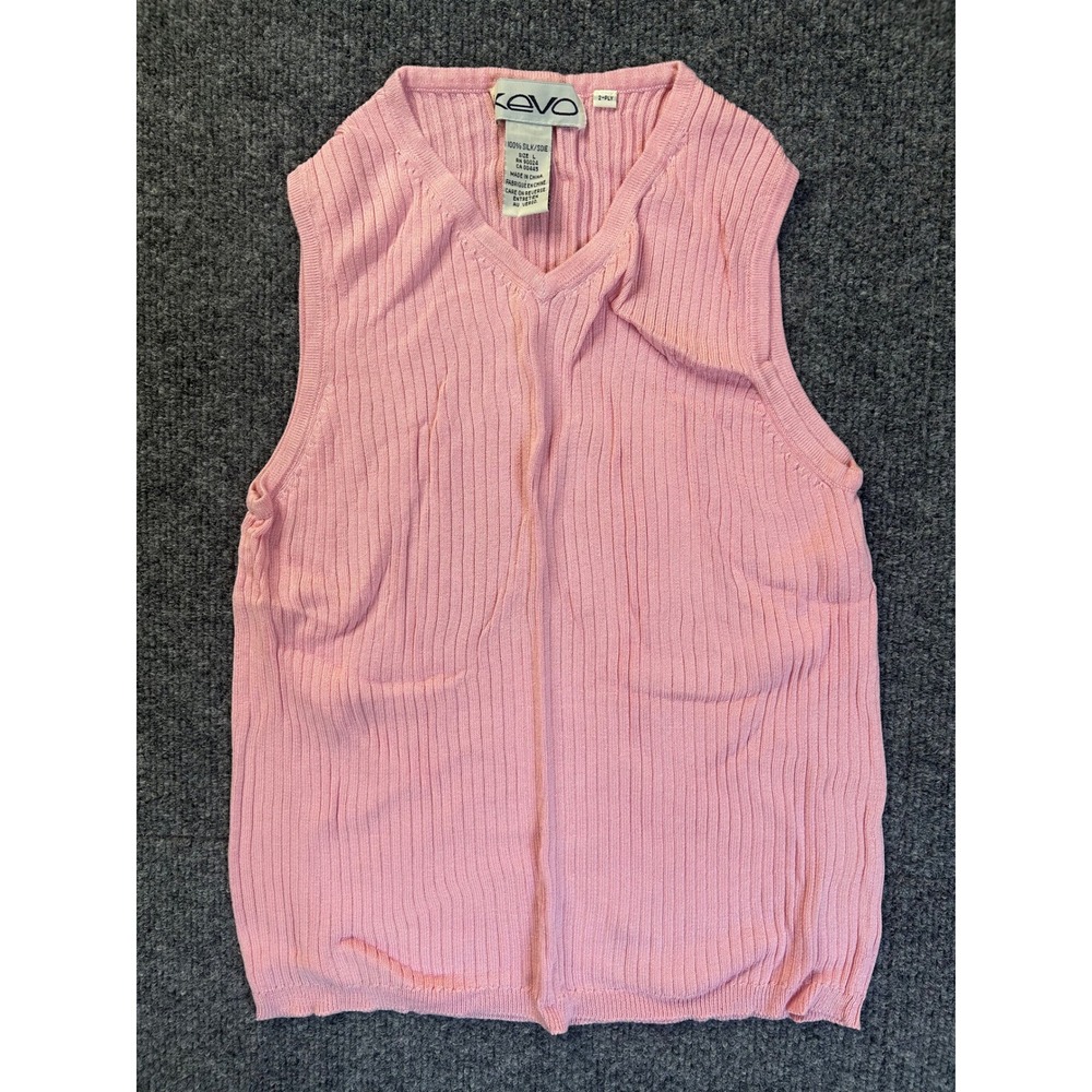 Kevo Sweater Vest Women Large Pink Silk Ribbed Knit V-Neck Sleeveless Top